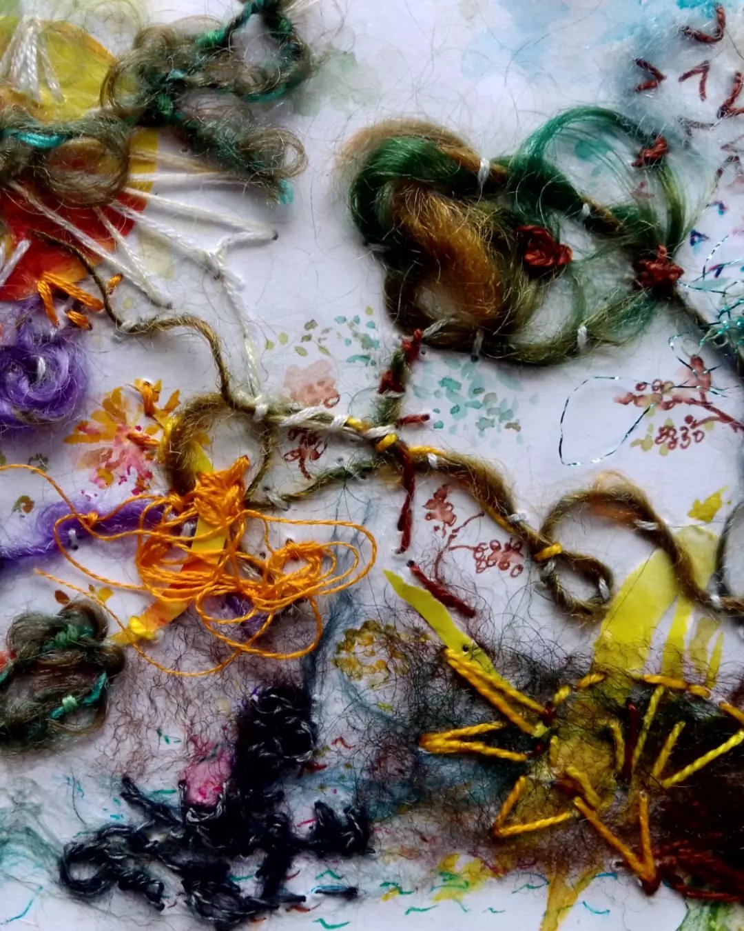 Watercolour, thread and fibre work on paper by Marion Bartko-McCabe, made at Ponte d&rsquo;Arte